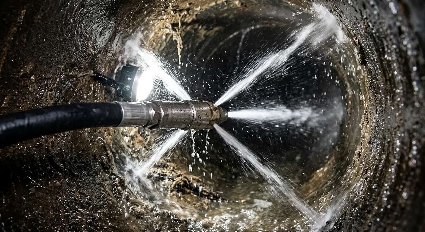 High-pressure hydro jetting nozzle cleaning sewer pipe for Sewer Cleanout in North Versailles
