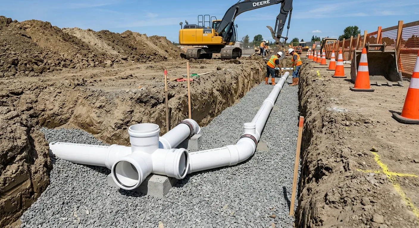 New PVC sewer pipe installation in open trench for Commercial Drain Cleaning in North Versailles