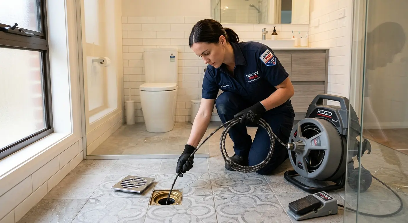 Technician clearing a bathroom floor drain for Sewer Line Replacement in North Versailles